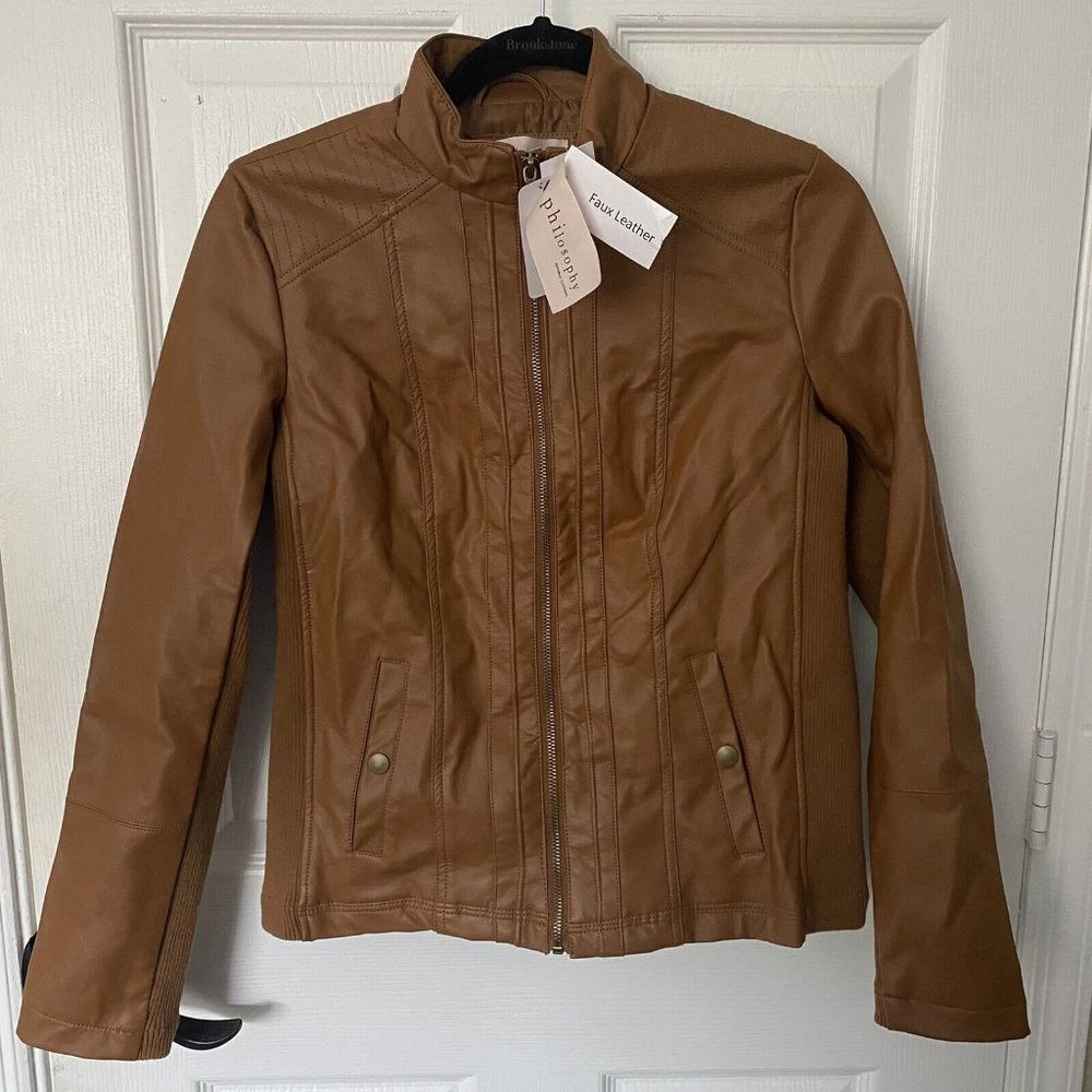 NWT Small Philosophy Faux Leather Jacket Coat  Deep Caramel Womens